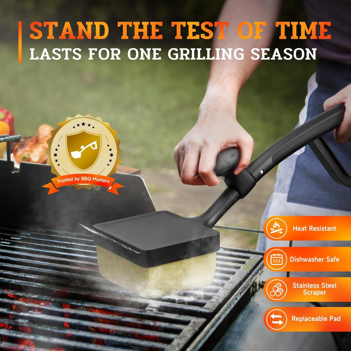 Bristle-Free Pro Grill Brush | Steam Clean Cast Iron & Stainless Grates in 180 Sec | Heavy-Duty Outdoor BBQ Tool for Men - Instant Clean, Black