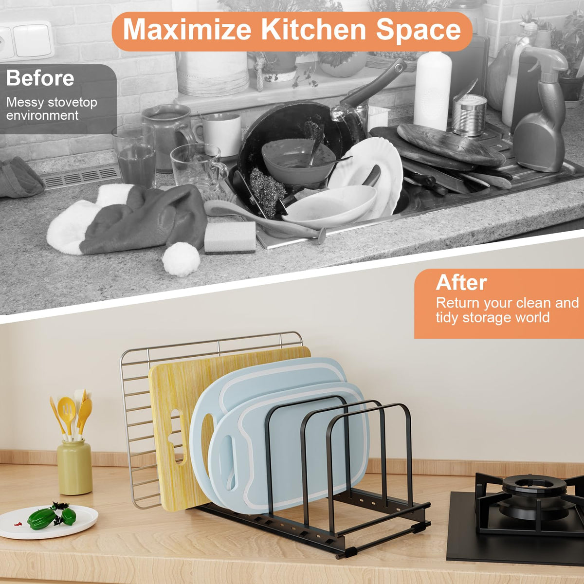 TEAMOLA Metal Cutting Board Organizer - Adjustable Bakeware Rack 2-Pack