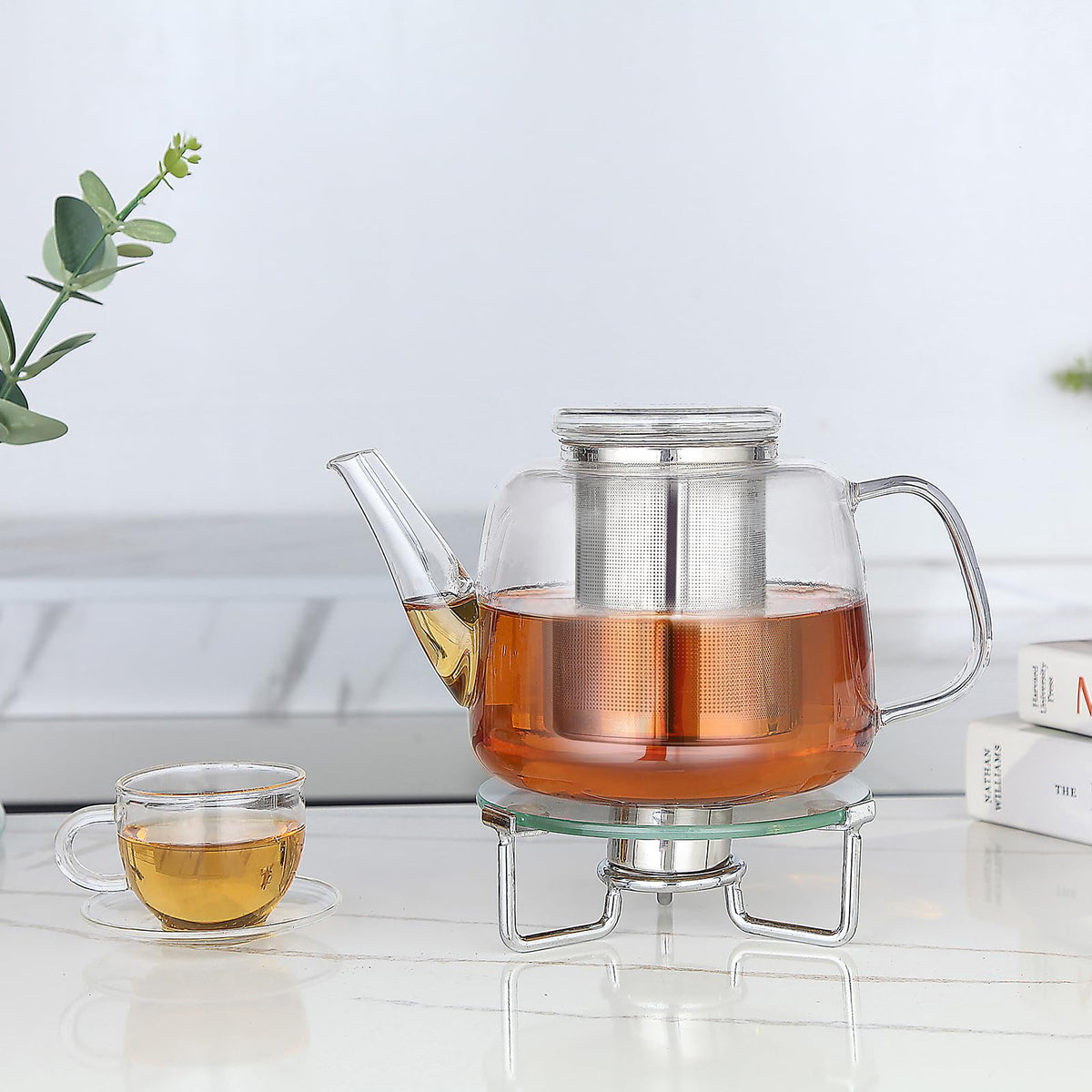 Easyworkz Borosilicate Glass Teapot 50oz with Large Stainless Steel Removable Loose Tea Infuser for Fruit Herbal and Infusion