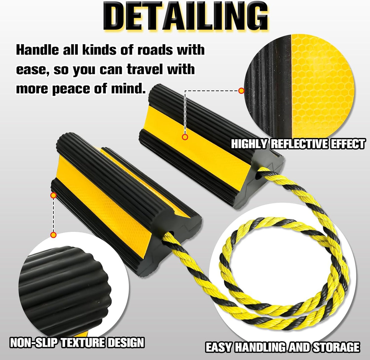 Heavy-Duty Wheel Chocks with Extra-Long Safety Rope (86") - 2-Pack Reflective Rubber Blocks for Trailers, Trucks, Campers & Garage Use (2pair/4pack with Rope)