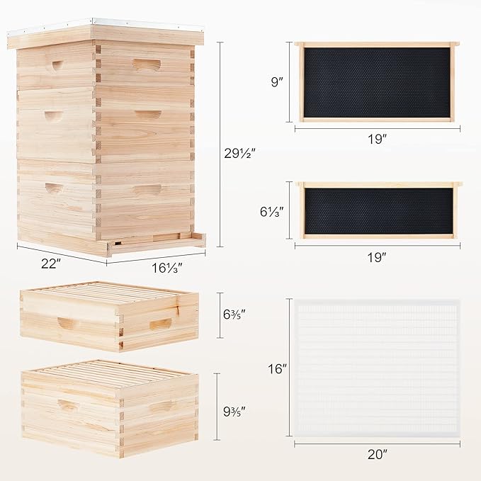 CREWORKS Bee Hive Boxes Starter Kit, 3 Layer Bee House Langstroth Beehive for Bees Keeping, Beekeeping Supplies with Plastic Queen Excluder and Nails (10 Medium and 20 Deep Frames)