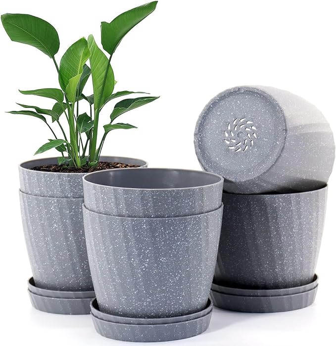 7 Inch Plant Pots Bulk, 6 Pack Plastic Planters with Drainage Holes and Saucers for Indoor Outdoor House Plants and Flowers, Grey