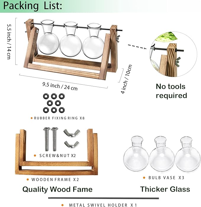 Ivolador Plant Propagation Station,Bulb Plant Terrarium with Wooden Stand,Unique Gardening Gifts for Women Plant Lovers,Hydroponic Indoor Planter Home Office Garden Wedding Decor-3 Bulb Glass Vases