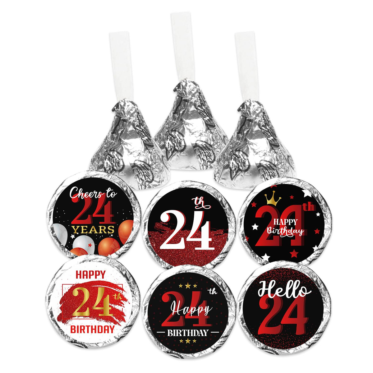 Happy Birthday Party Favor Labels Chocolate Candy Stickers - Round Candy Sticker Party Favors - Black and Red - 150 Stickers (24)