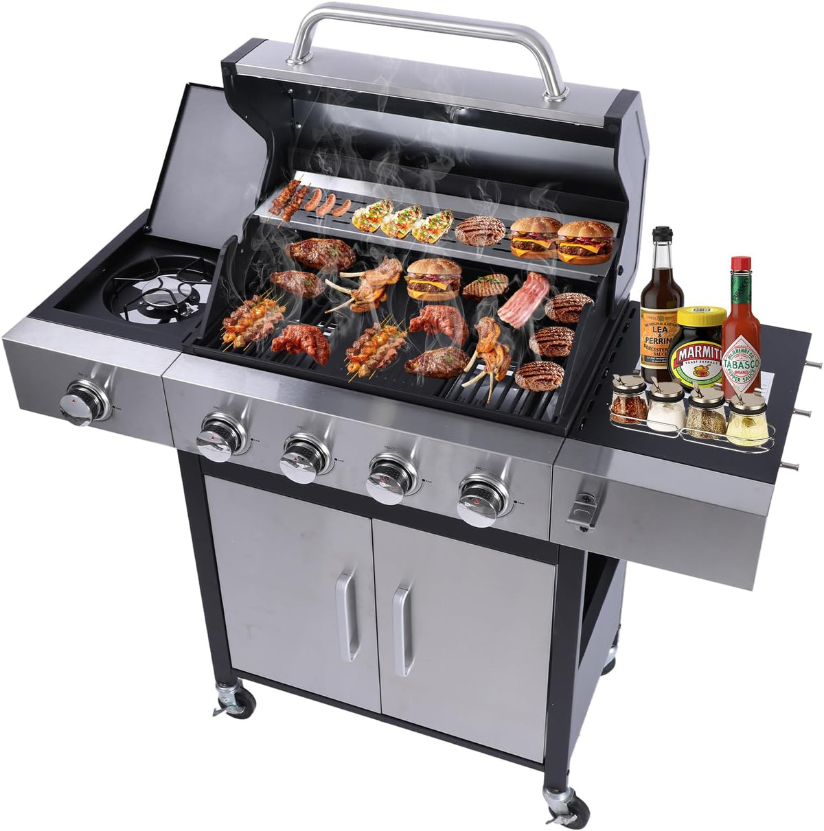 CIG GARDEN 4 Burner Propane Gas Grill with Side Burner,3 in 1 Propane Gas BBQ Grill,Double-layer Stainless Steel BBQ Grill Lid with Cast Iron Grates,52000 BTU Output for Camping, Patio, Backyard
