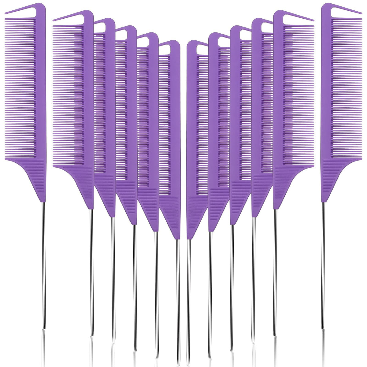 Patelai 12 Pcs Parting Comb For Braids, Purple Stainless Steel Rat Tail Comb For Hair Styling, Hairdressing, Teasing, Pressing,