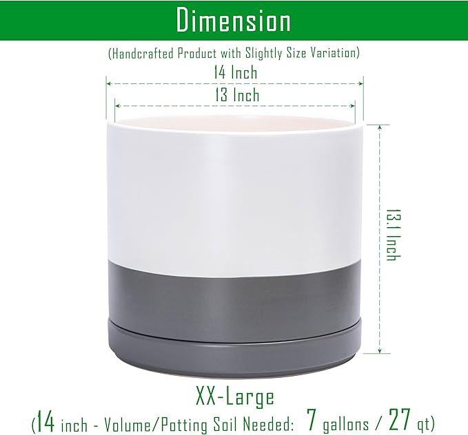 D'vine Dev 14 Inch Ceramic Planter Pot with Drainage Hole and Saucer, Indoor Cylinder Round Planter Pot, White/Speckled Grey, 94-O-G-6