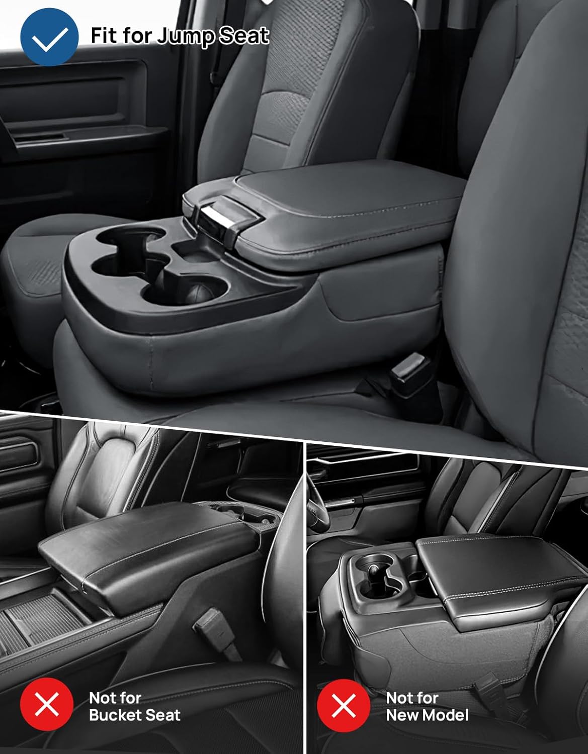 JOYTUTUS Center Console Cover Compatible with 2013-2018 Ram 1500 & 2013-2025 Ram 2500/3500/1500 Classic Model Jump Seat, Leather Arm Rest Armrest Cover for Car, Middle Console Cover Lid, with 2 Pocket