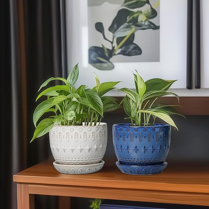 G EPGardening Plant Pot 5 Inch - Ceramic Planter for Indoor Plants Outdoor, Succulent Orchid Pot with Drainage Hole and Saucer, Round Flower Pot for Home Decor, Blue