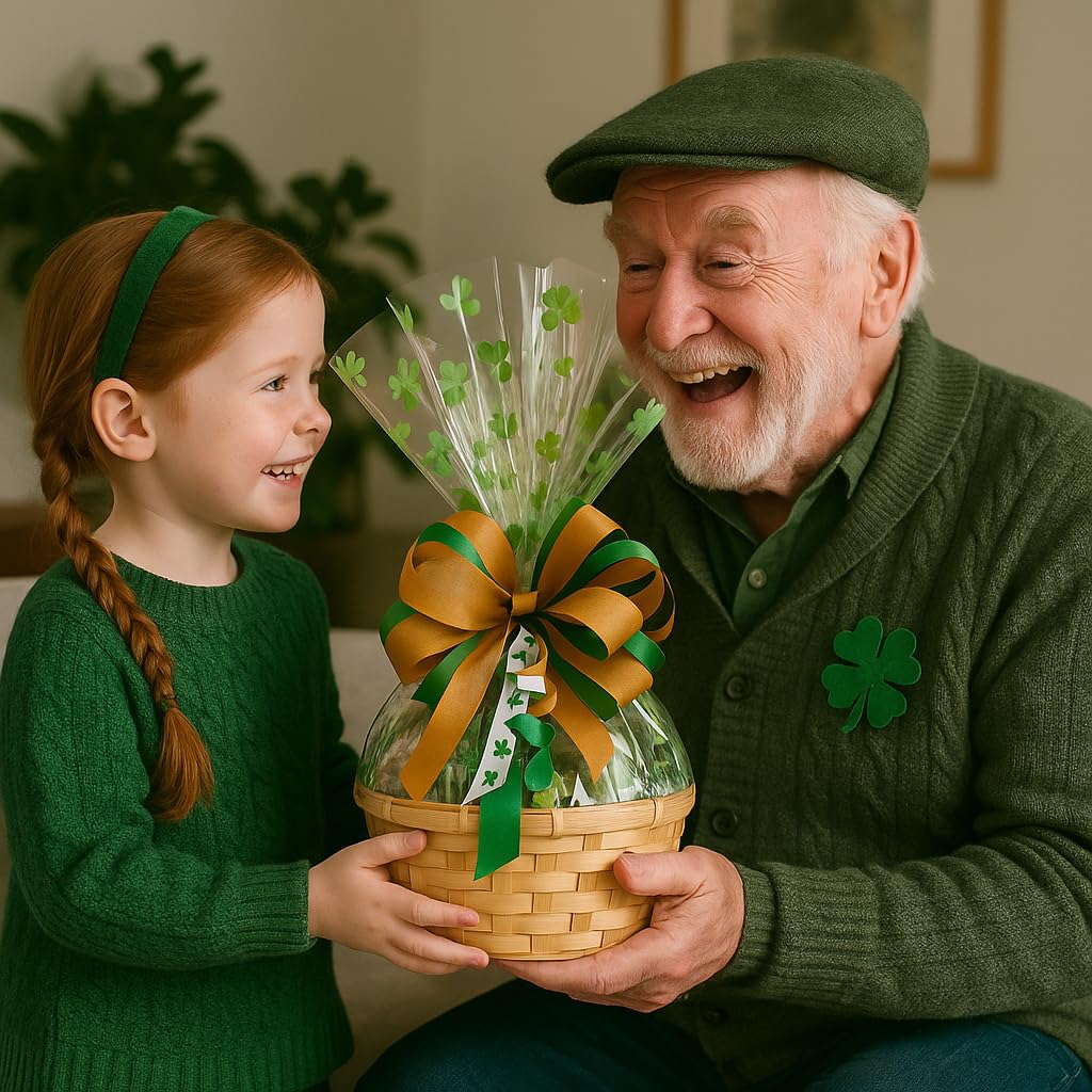 St. Patrick’s Day Gift Basket with Chocolate, Candy & Snacks - 8 Inch Shamrock Wrapped Gift Basket - Irish Holiday Treats for Family, Friends