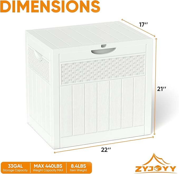 33 Gallon Resin Deck Box, Weatherproof Outdoor Storage Box for Patio, Garden and Yard, Lockable Waterproof Bin for Tools, Cushions, and Accessories, White