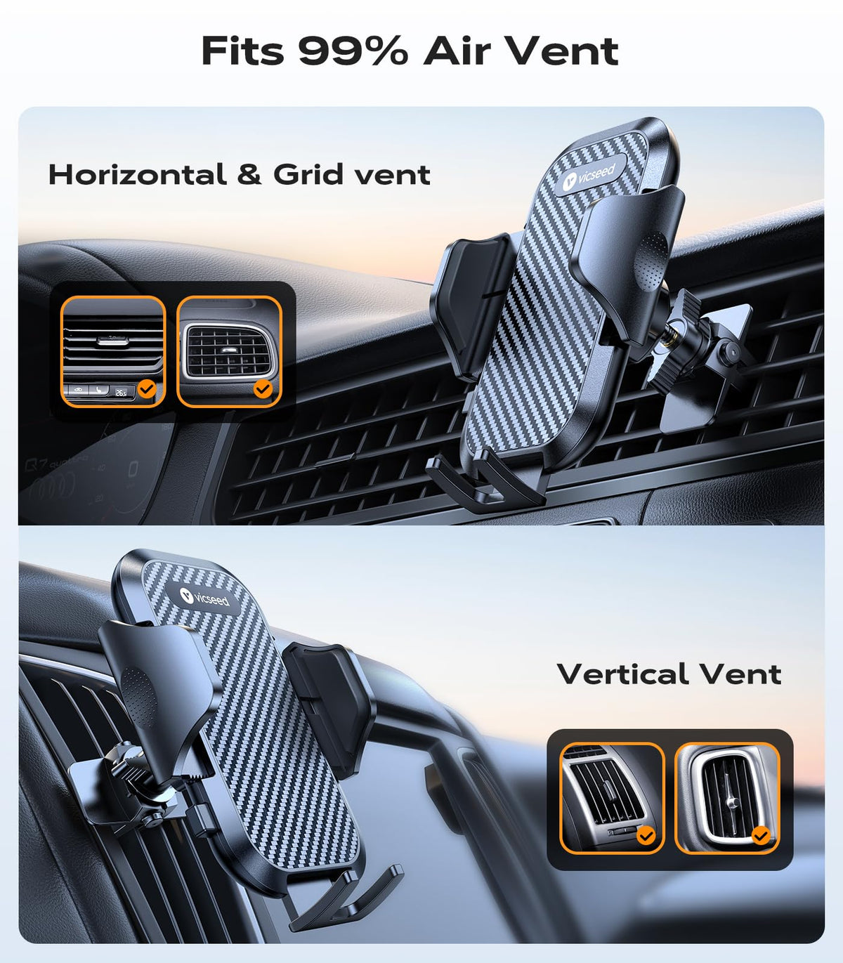 VICSEED 2026 Upgrade Ultra Stable Car Phone Holder Mount [Never Fall Off & Won't Break] Universal Air Vent Phone Mount for Car Easy Clamp Phone Holders for Your Car for iPhone 18 Pro Max 17 16 15 14