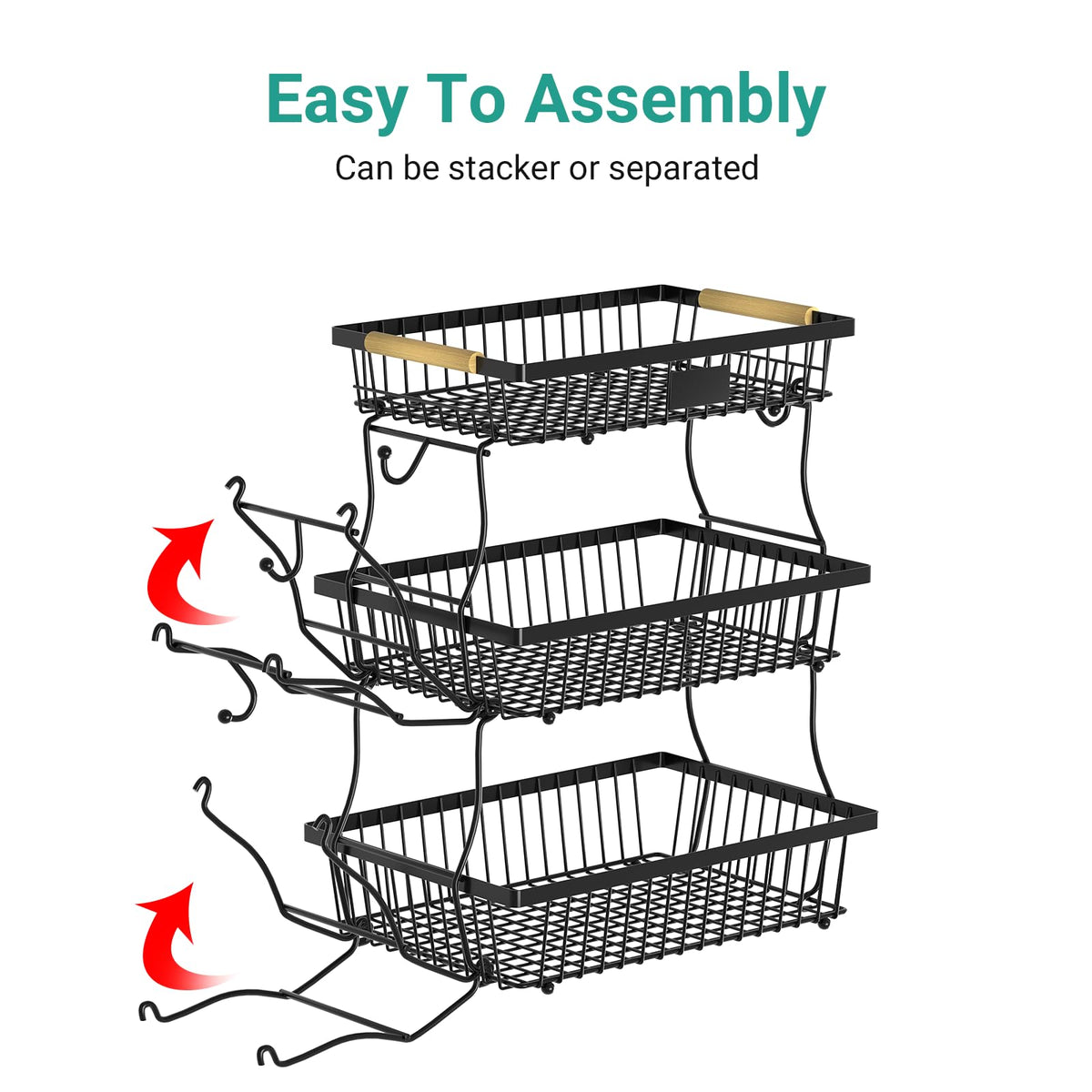 Astrorhine 3 Tier Fruit Basket for Kitchen Counter with 2 Banana Hangers, Countertop Metal Fruit Bowl with Wooden Handle, Large Storage Stand for Vegetables, Snacks, Breads, Produce Storage – Black