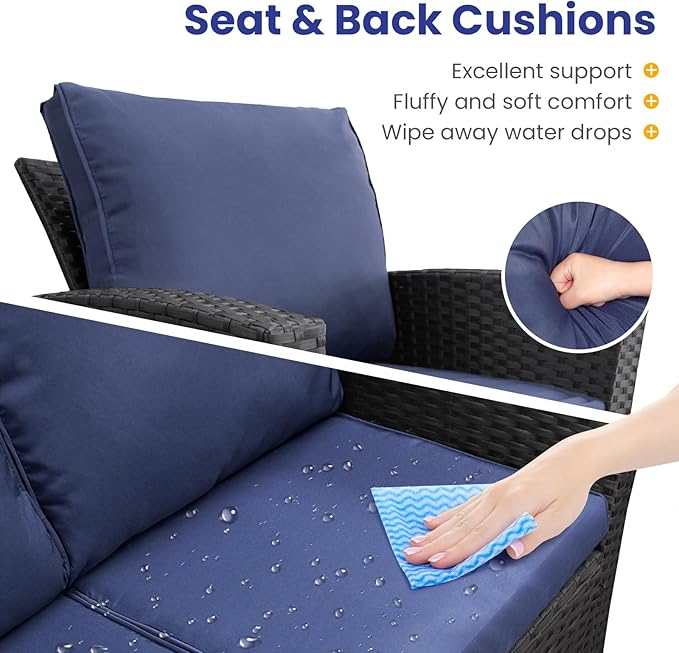 4 Piece Outdoor Patio Furniture Set,Wicker Conversation Sets Outdoor Sectional Patio Sofa Couch with Cushions & Coffee Table for Outside, Garden, Balcony, Porch,Black/Blue
