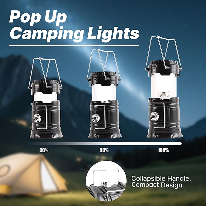 Lichamp Collapsible Portable Solar Camping Lantern, USB Rechargeable LED Flashlight - Survival Kits for Power Outages Hurricane Supplies Emergency, Indoor & Outdoor, 4-Pack