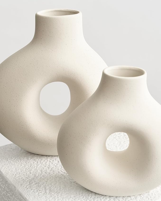 NOBULA White Ceramic Donut Vases – Modern Home Decor for Living Room, Bedroom & Table Centerpiece - Minimalist Nordic – Unique Vases for Olive Plant & Flowers – Decorative Coffee Table Vase Set of 2