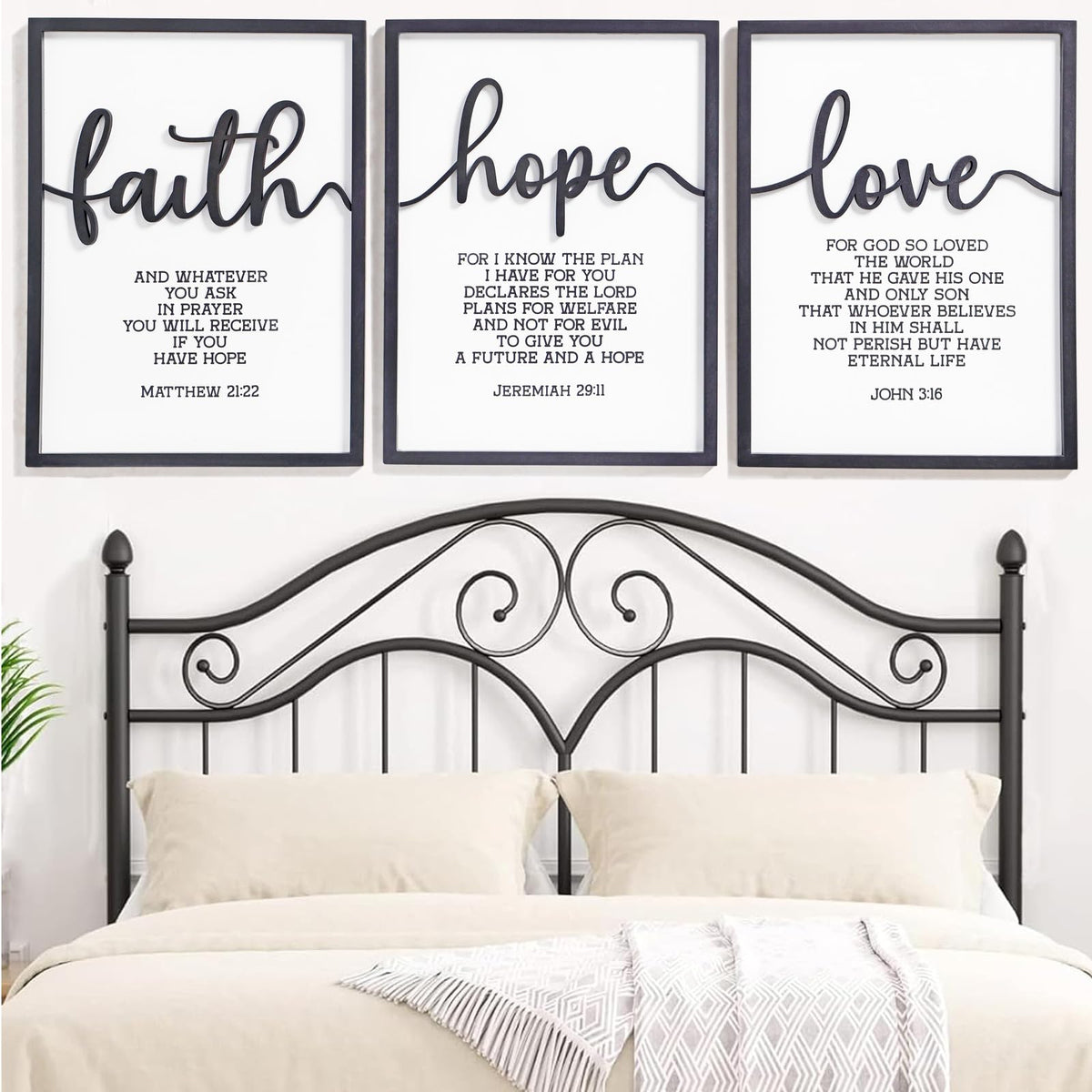 3D Wood Faith Hope Love Wall Decor, Christian Wall Art Bible Verses Wall Decor Scripture Wall Art for Bedroom Bathroom Kitchen Living Room Office(12x16 inches, Set of 3, Framed)