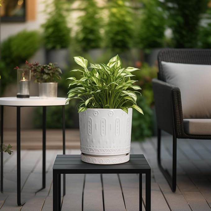 Ceramic Planter for Indoor Plants - 8 Inch Plant Pot Outdoor Flower Pot with Drainage Holes and Saucer Modern Round Planter Succulent Pot for Home Garden Decor White