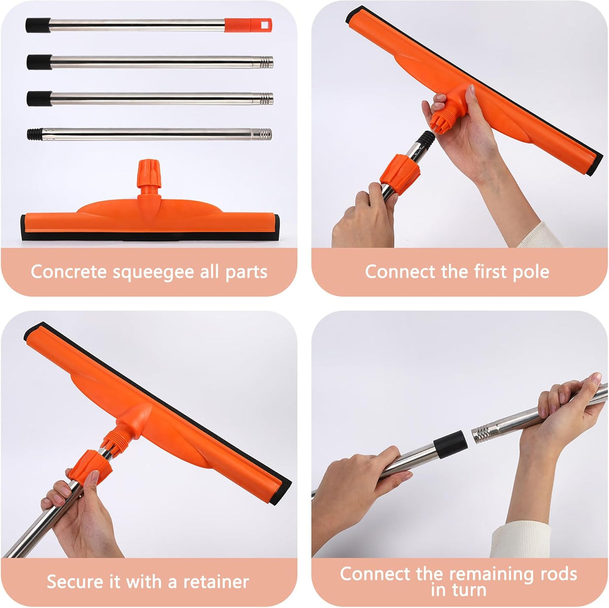 Floor Squeegee Scrubber, 17'' Heavy Duty Household Broom EVA Foam Blade Rubber Wiper Squeegee for Concrete Floor Garage Shower Bathroom Tile Scrubber 60'' Long Handle Multifunction Magic Broom(Orange)