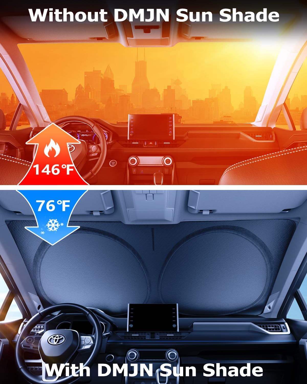 [2025 Upgrade] DMJN Windshield Sun Shade Car, [100% Sun Bolck & UV Reflective] Keep Car Cool & Interior Protection Sunshade, Flexible & Durable Sun Visor Universal Fit Large