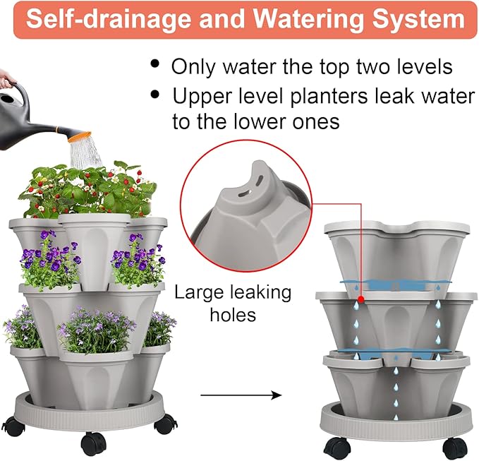 Vertical Planter 3 Tier Stackable Planters Garden Planters Strawberry Herb Flower and Vegetable Planter Indoor Outdoor Gardening Pots with Removable Wheels and Tools 2-Pack