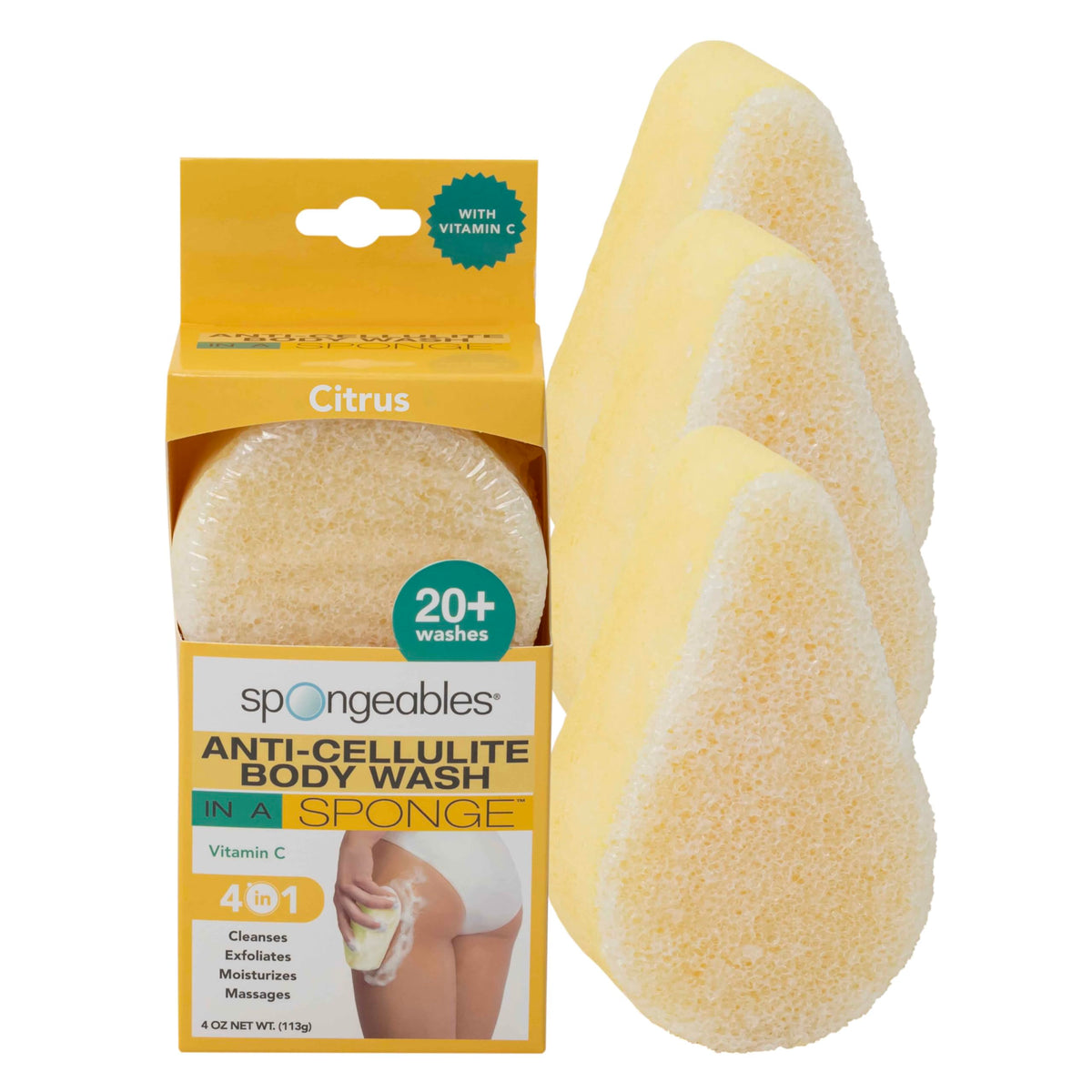 Spongeables Anti Cellulite Body Wash In A 20+ Wash Sponge, Citrus, 3 Count