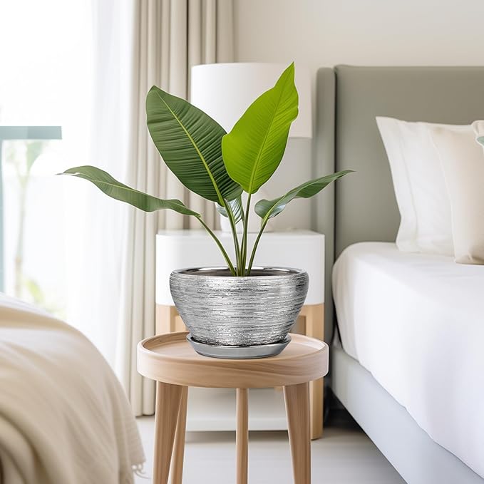 Pot for Plants 9 Inch - Ceramic Plant Pot Indoor with Drainage Hole and Saucer Round Planter for Indoor Plants Modern Decorative Flower Pot for Home Decor Silver