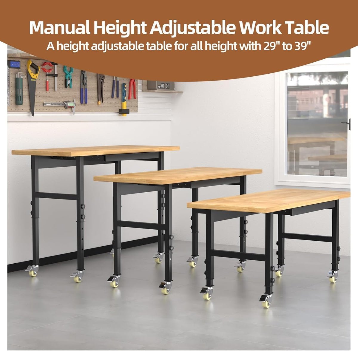 48' Adjustable Workbench, Solid Wood Work Bench Table with Wheels and Power Outlet, Rolling Workbenchs Large Load Capacity Garage Workbench for Workshop,Office,Home