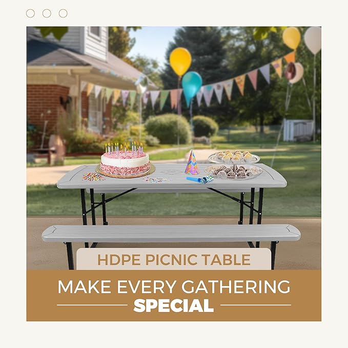 OEF Furnishings Heavy Duty Blow Molded Folding Picnic Table- Light Speckled Grey, Black Frame