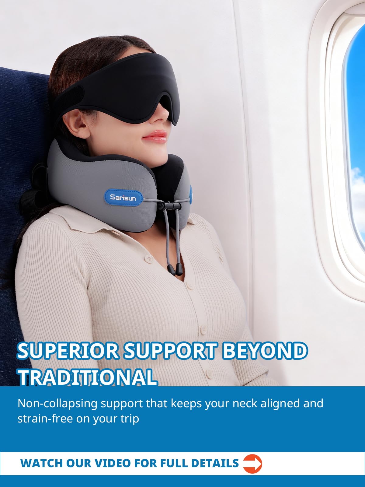 SARISUN Neck Pillow Airplane,w/Seat Strap Support,3D Eye Mask for Travel