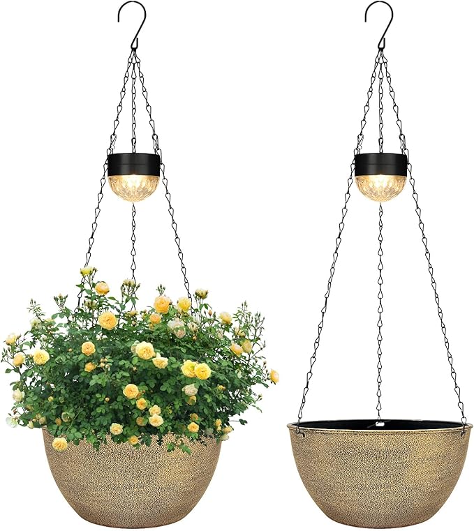 2 Packs Hanging Planters Basket for Outdoor Plants, Solar Powered Self Watering Copper Round Plastic Flower Pots with Drainer for Balcony Patio Garden Outdoor Decoration