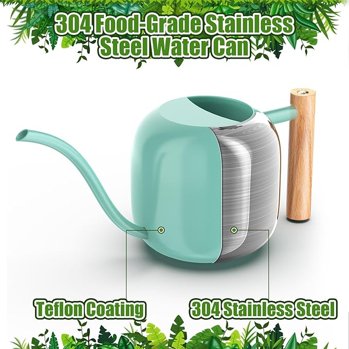 Green Moon Water Can Indoor Plant Mint Green 1.2L/41oz Metal Stainless Steel Water Can Indoor Outdoor with Long Spout for House Plant Bonsai Outdoor Garden Flowers