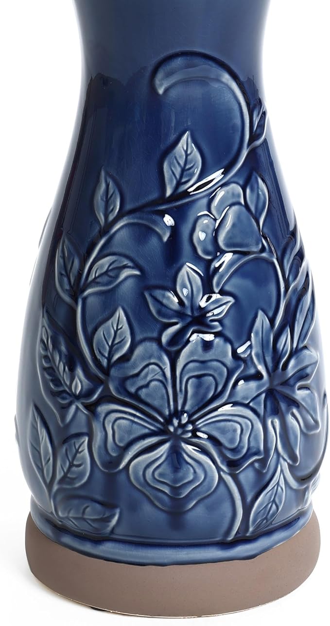 LuxenHome 22 Inch Ceramic Bird Bath for Outside, Elegant Tall Outdoor Bird Bath, Lightweight Pedestal Glazed Birdbaths for Outdoors with Floral Pattern, Deep Blue