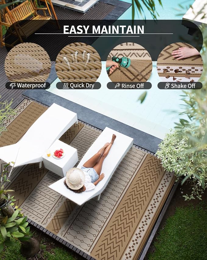 Outdoor Rug Carpet Waterproof 5x8 ft Patio Rug Mat Indoor Outdoor Area Rug for RV Camping Picnic Reversible Lightweight Plastic Straw Outside Rug for Patio Decor Decoration Boho Rug Brown Beige