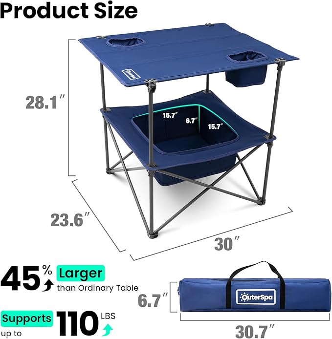 Folding Camping Table, Portable Outdoor Picnic Table, Rectangular Lightweight Camp Table with Storage, Cup Holder and Carry Bag for Barbeque Beach Camping and Tailgate