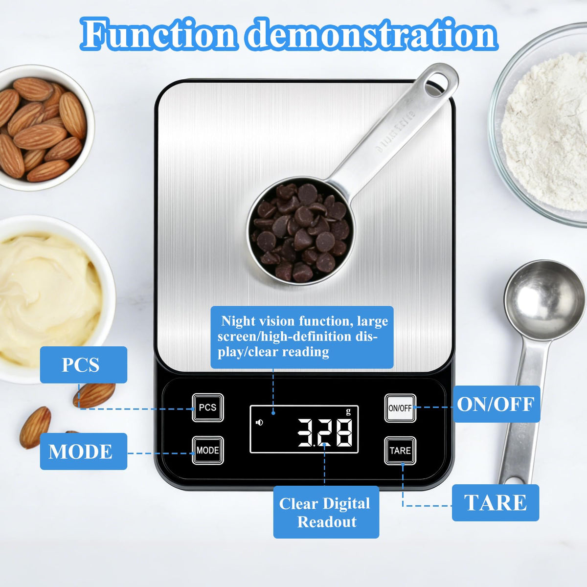 IP67 Waterproof Digital Kitchen Scal 10kg/0.1g High Precision Food Scale with Type-C Rechargeable 304 Stainless Steel Platform Tare & Counting Function for Baking Cooking Meal Prep