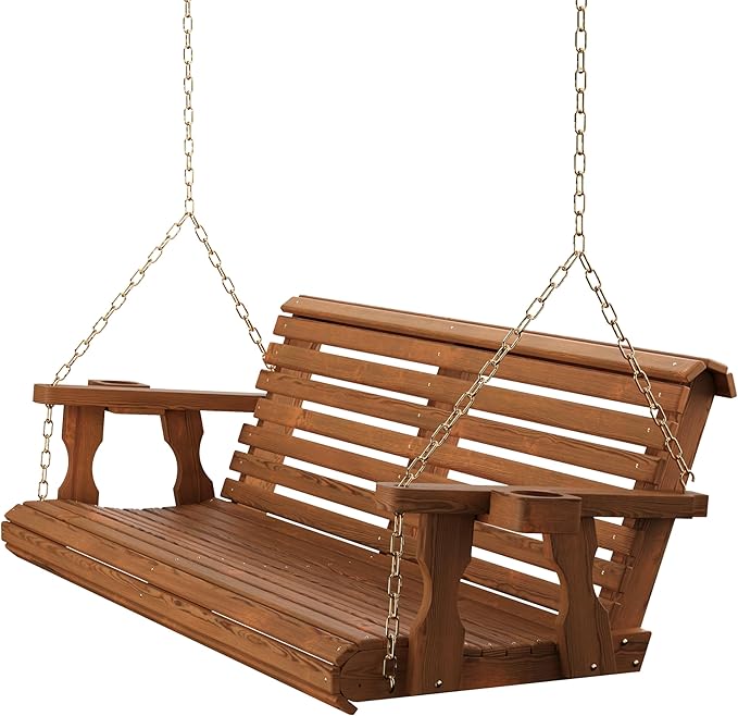 Amish Casual 5 Foot Roll Back Porch Swing with Cup Holders in Oak Stain - Amish Made in The USA from Treated Pine Heavy Duty 700 Lb. Weight Capacity