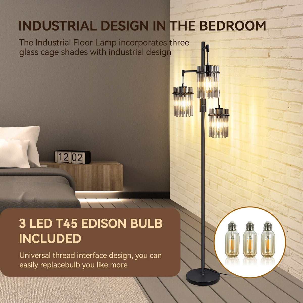 Dimmable Black Crystal Standing Farmhouse Tree Floor Lamp for Living Room