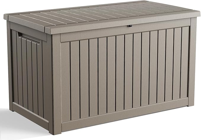 230 Gallon Outdoor Deck Box,Storage Lockable Waterproof Patio Furniture,Garden Tools,Cushions,Pool Accessories Outside Storage Resin Box(Grey)