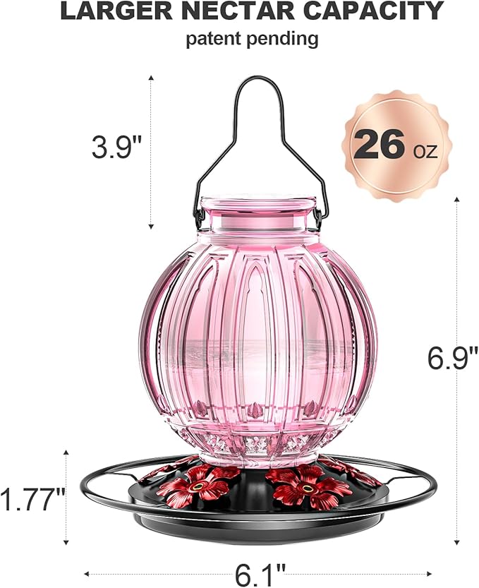 Glass Hummingbird Feeder for Outdoors Hanging, Bird Nectar Feeder with Perch & 5 Flower Feeding Ports, 26 Oz Leak Proof for Outside Garden Decor Backyard, Gifts for Women Mom, Pink