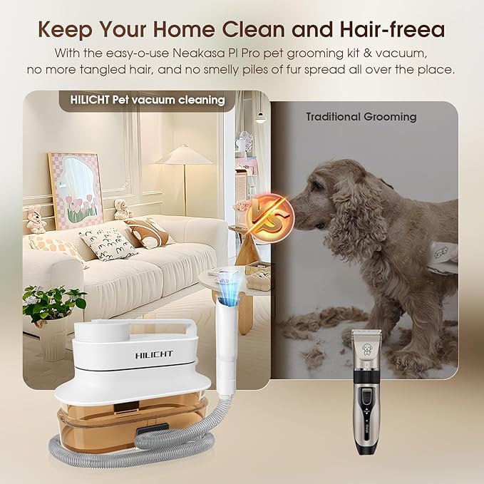 Dog Grooming Kit, Dog Hair Vacuum with Nail Clipper and 4L Dust Cup, 6 Pet Grooming Tools, Silent Pet Vacuum for Cats, Dogs and Other Animals