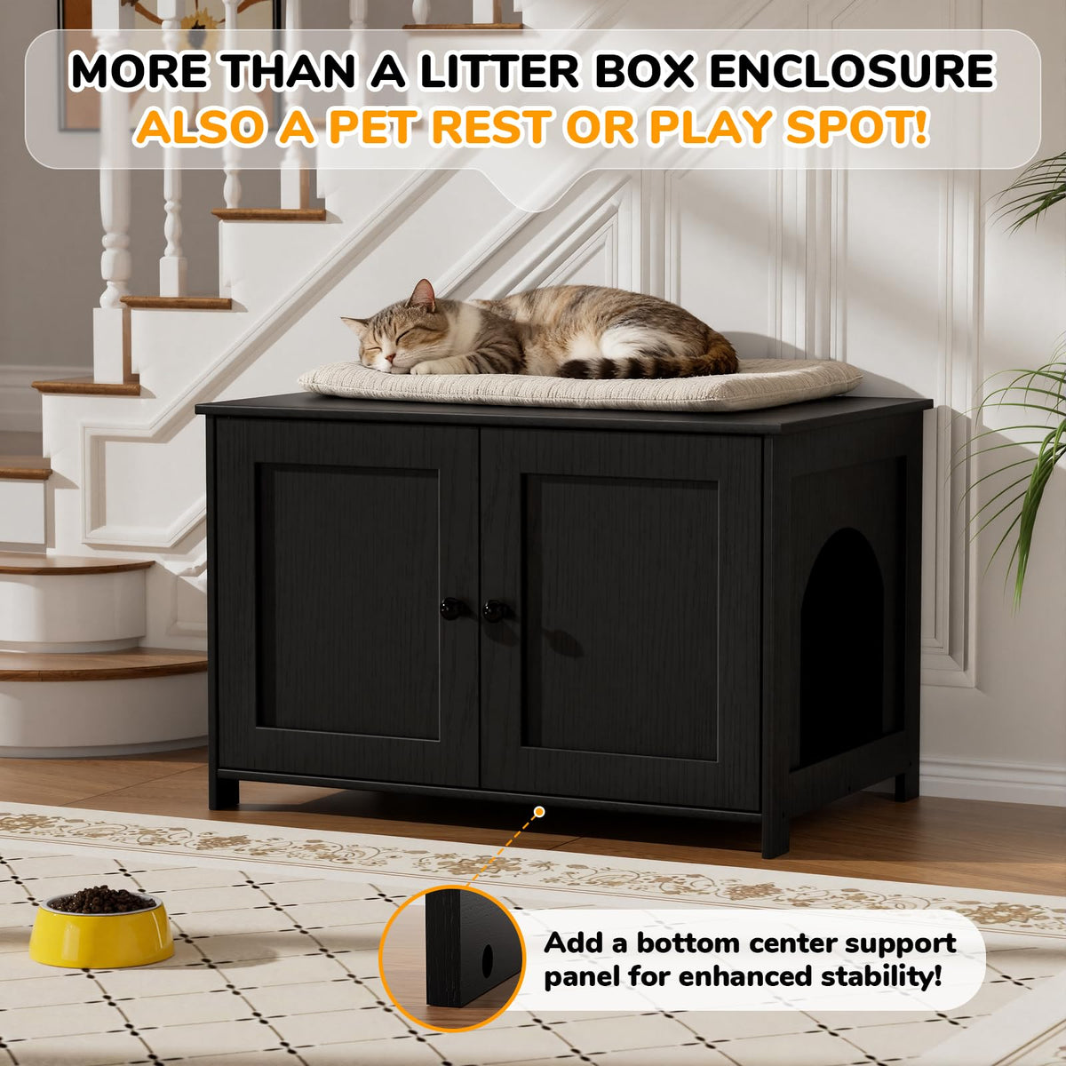 Fecuria Cat Litter Box Enclosure Furniture Dog Proof, Hidden Kitty Washroom Cabinet Low Entry, Wooden Cat Boxes Enclosure Odor Control for Home, Farmhouse Style Decorative TV Stand with Storage, Black