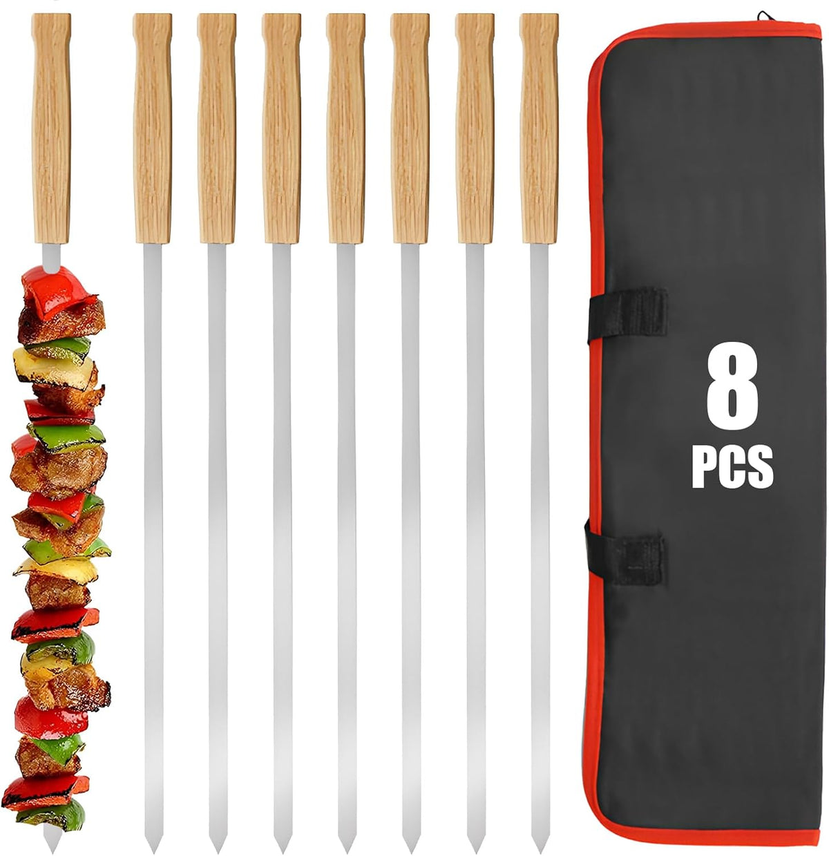 SHIKORI Kabob Skewers,BBQ Barbecue Skewers,Stainless Steel Sticks,17 Inch Heavy Duty Large Wide Reusable,with Nonslip Wooden-8 Pcs