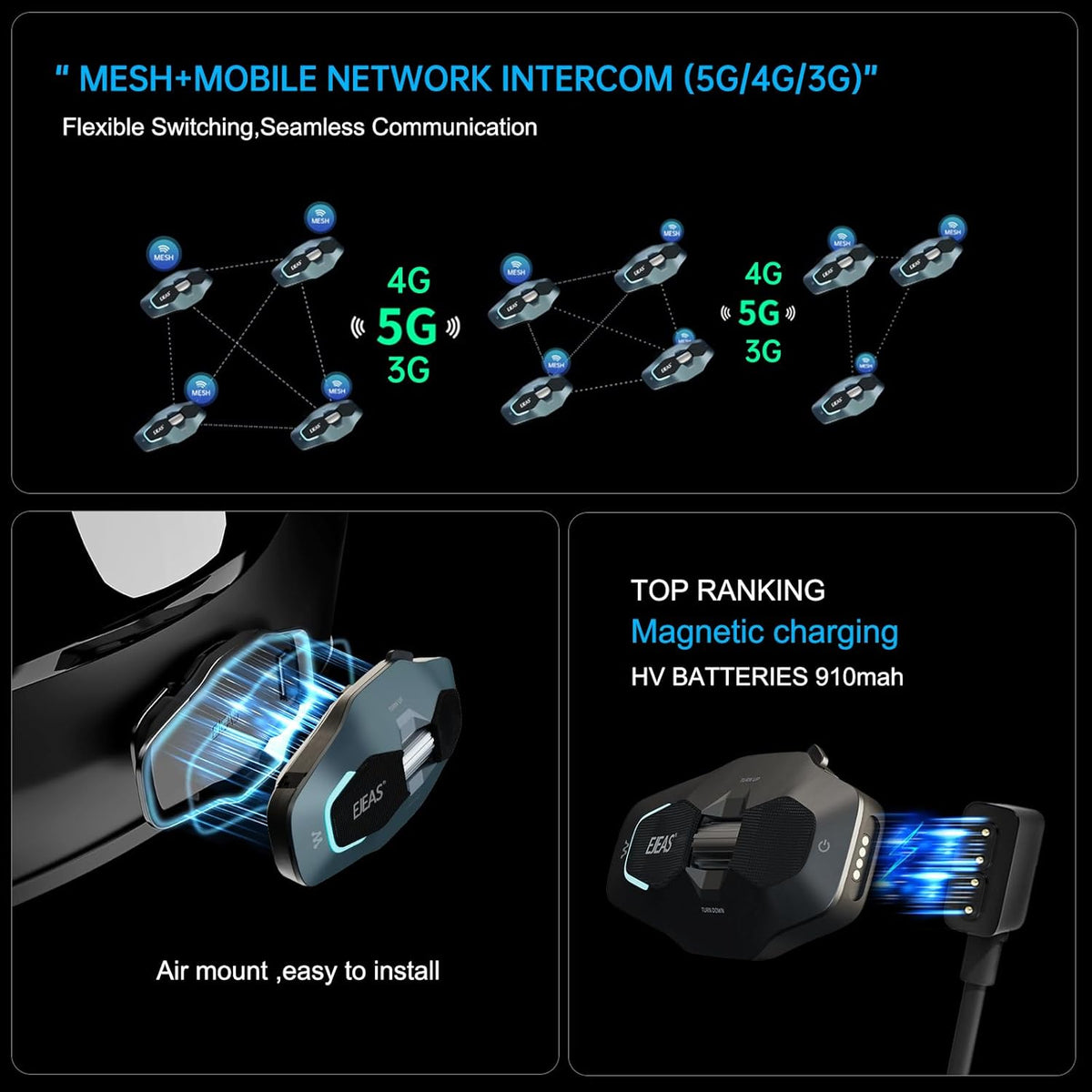 SolaMr X10 Motorcycle Helmet Bluetooth Headset Speakers Headphone, Ski Helmet Intercom Integrated Mesh Communication System Support 10 Riders with Bluetooth 5.1, Noise Cancellation, FM Radio, Sliver