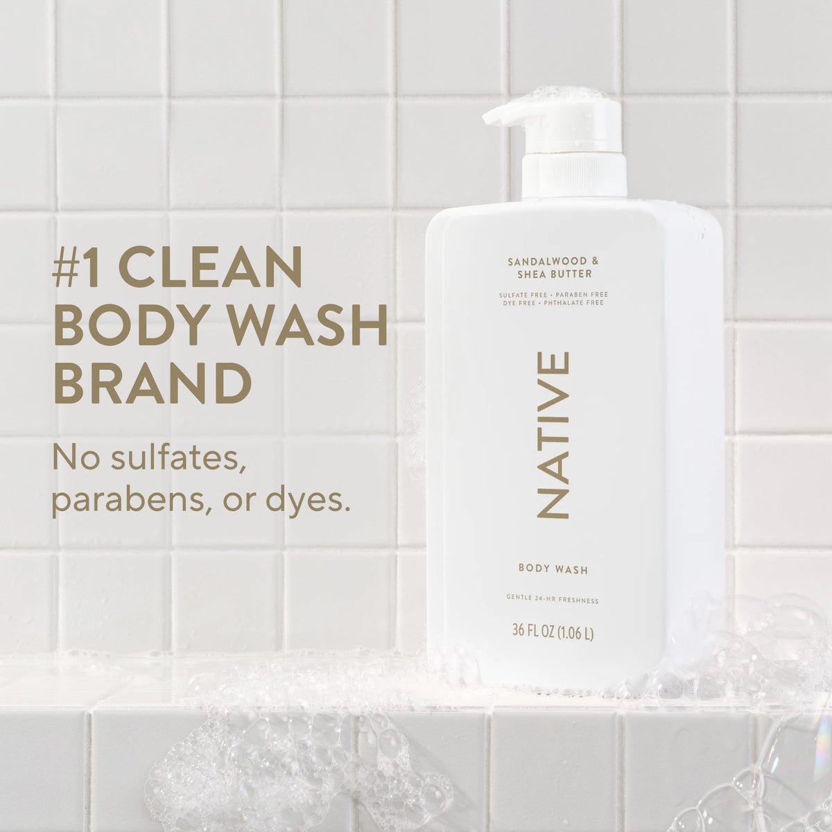 Native Clean Body Wash, Gentle & pH-balanced for Sensitive Skin, 24-Hr Freshness for Women & Men, Vegan & Cruelty-Free, Free of Sulfates, Parabens & Phthalates, Sandalwood & Shea Butter, 36 oz
