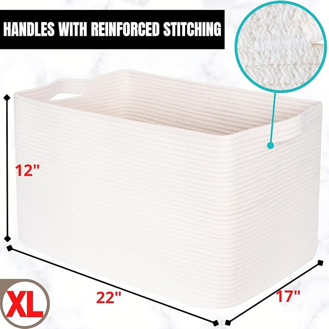 MINTWOOD Design 22in Extra Large Blanket Basket Holder Living Room, Rectangle Rope Woven Storage Basket with Handles for Laundry, Pool Towels, and Shoes, Dog Toy Organizer Bin Box, Creamy White