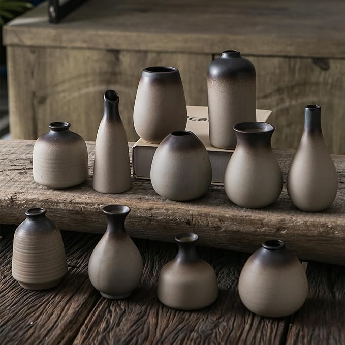 JOJUNO Rustic Bud Vase, Ceramic Small Vase Set of 11, Mini Vases for Fresh and Dried Flowers, Modern Farmhouse Home Decor, Pottery Vases for Living Room, Shelves, Centerpieces for Dining Table