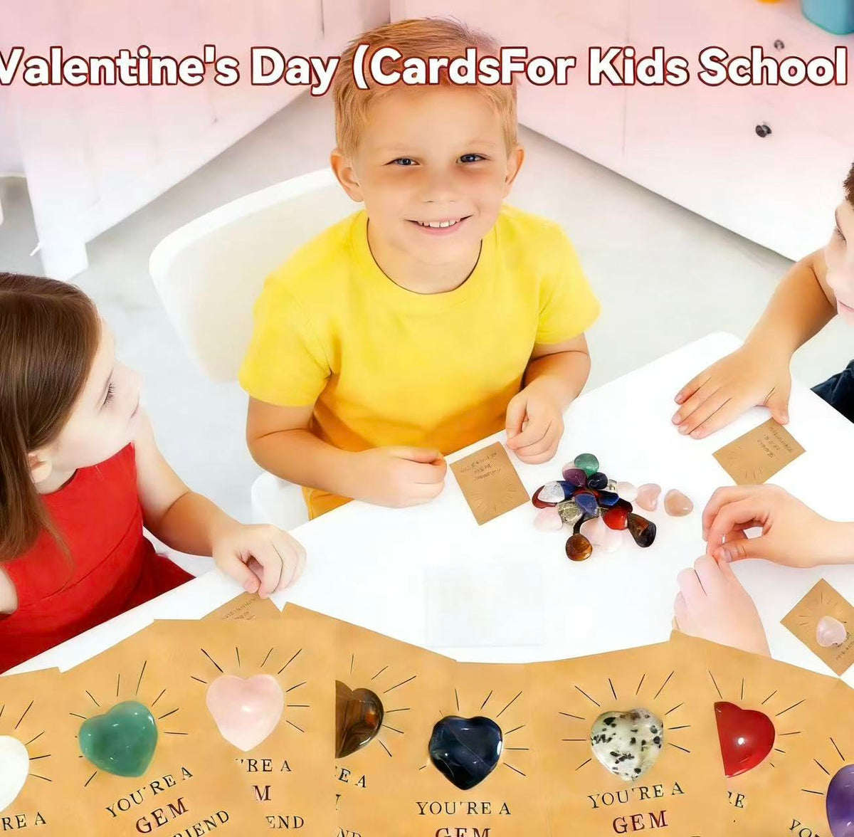 Valentines Day Gifts for Kids - Valentines Cards with Heart-Shaped Crystals (Charms), 24 Pre-packaged Gemstone Valentine's D Perfect for Boys