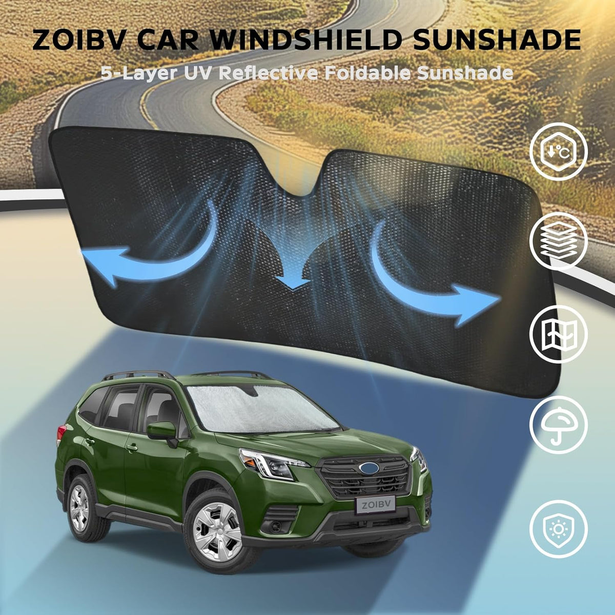 Windshield Sun Shade for Subaru Forester 2019-2024 - 5-Layer Bubble Foldable Front Window Shade Sun Visor Accessories - Blocks Heat & UV Rays