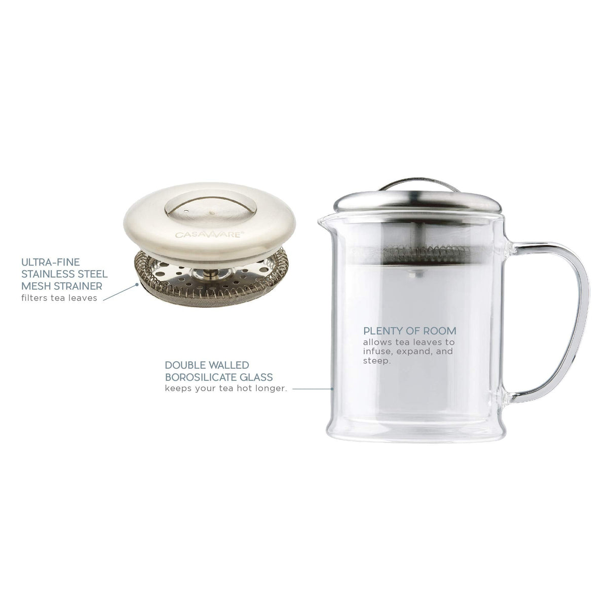 casaWare Double Wall Borosilicate Glass Tea pot with Strainer Lid